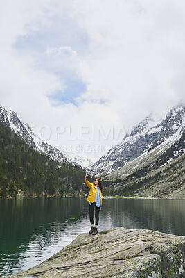 Buy stock photo Woman, selfie and river for hiking in nature for photography, social media post and travel blog. Space, female person or profile picture update for trekking, adventure and mountain scenery for memory