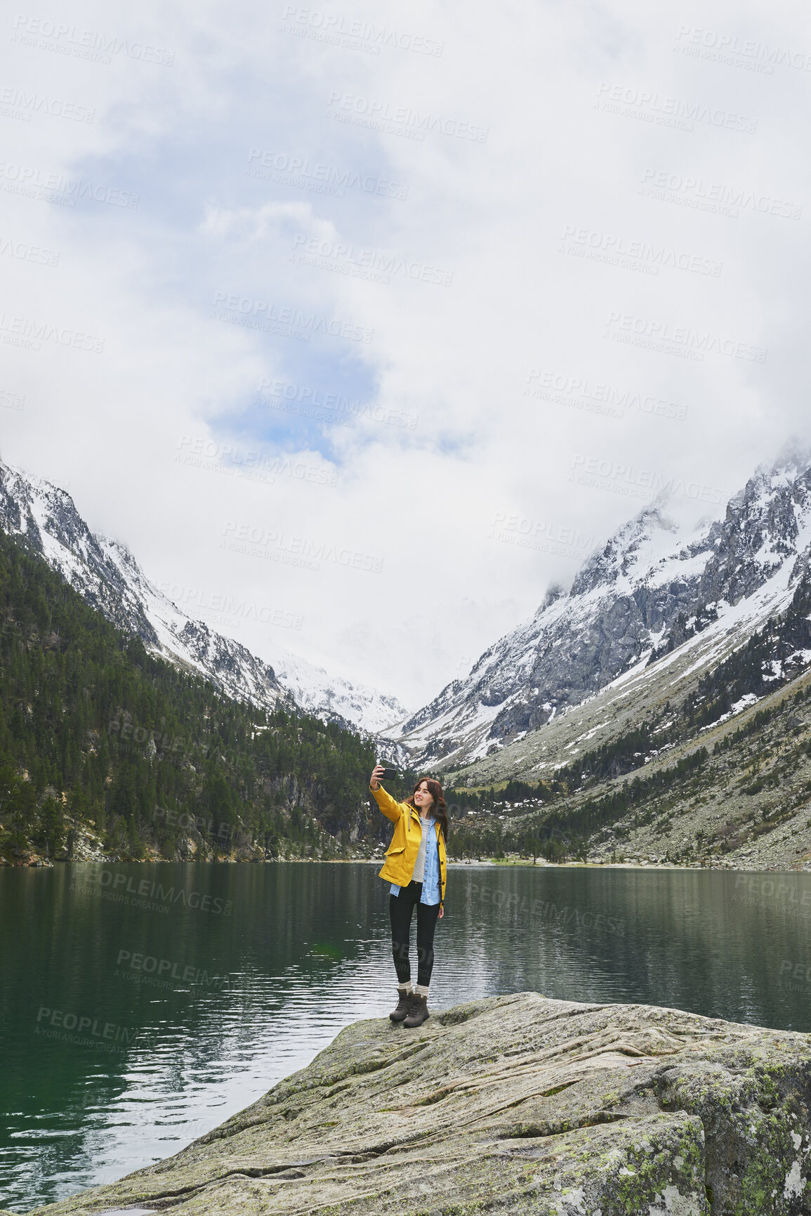 Buy stock photo Woman, selfie and river for hiking in nature for photography, social media post and travel blog. Space, female person or profile picture update for trekking, adventure and mountain scenery for memory