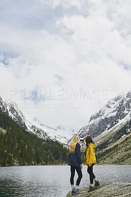 Buy stock photo Hiking, friends and women with selfie by lake on adventure, memory or connection by mountain. Trekking, back and people with picture for photography, social media post or travel together with space