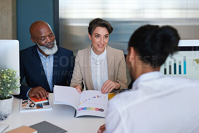 Buy stock photo Meeting, client or business people with paperwork in office, investment data or performance review. Team, person or account managers with earnings potential report, stock exchange or sale negotiation