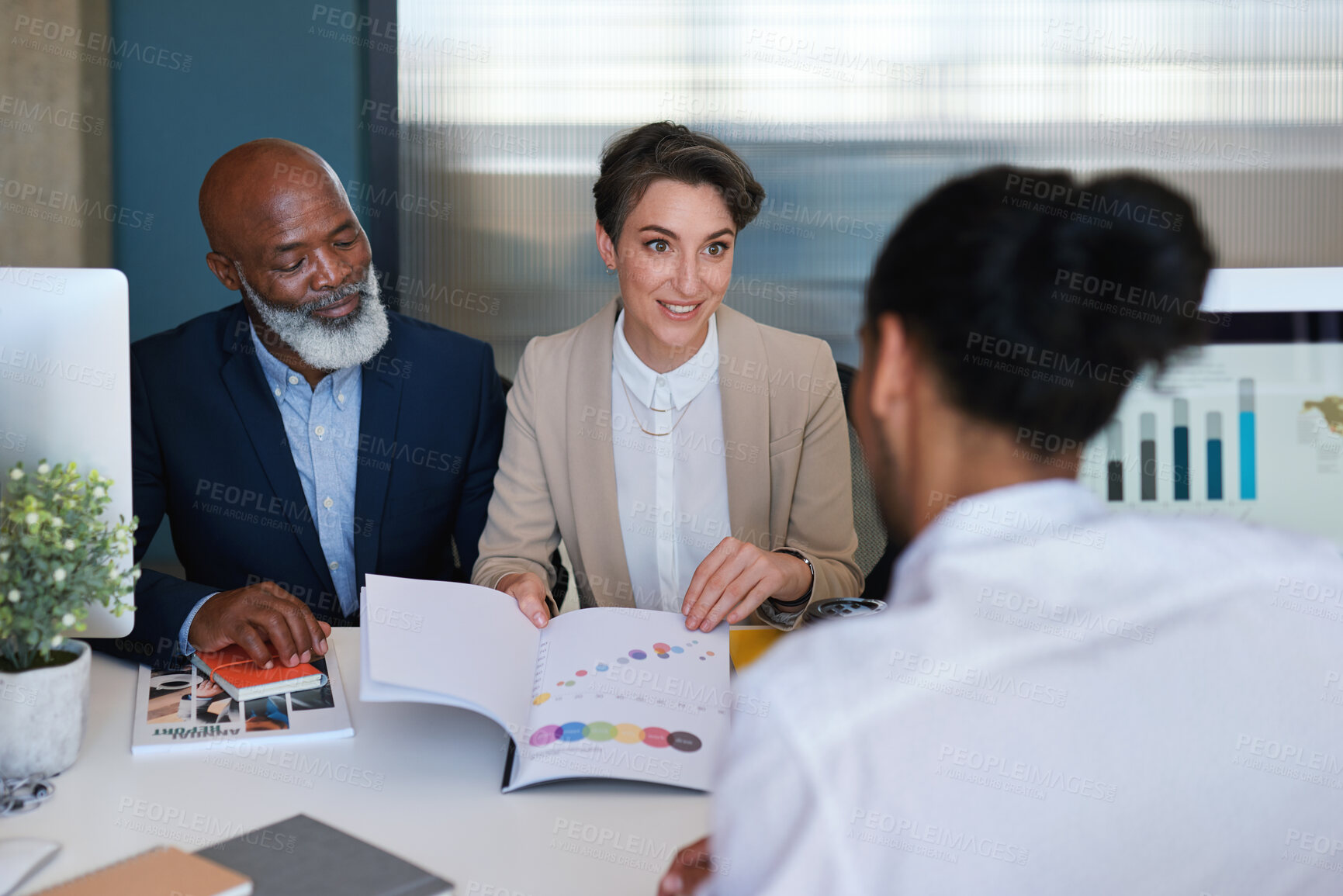 Buy stock photo Meeting, client or business people with paperwork in office, investment data or performance review. Team, person or account managers with earnings potential report, stock exchange or sale negotiation
