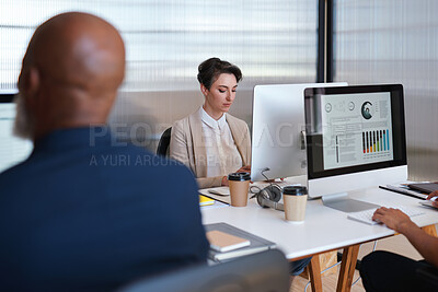 Buy stock photo Computer screen, data and finance with business people in office for investment portfolio. Charts, display and statistics with employee team in financial workplace for assessment or risk management
