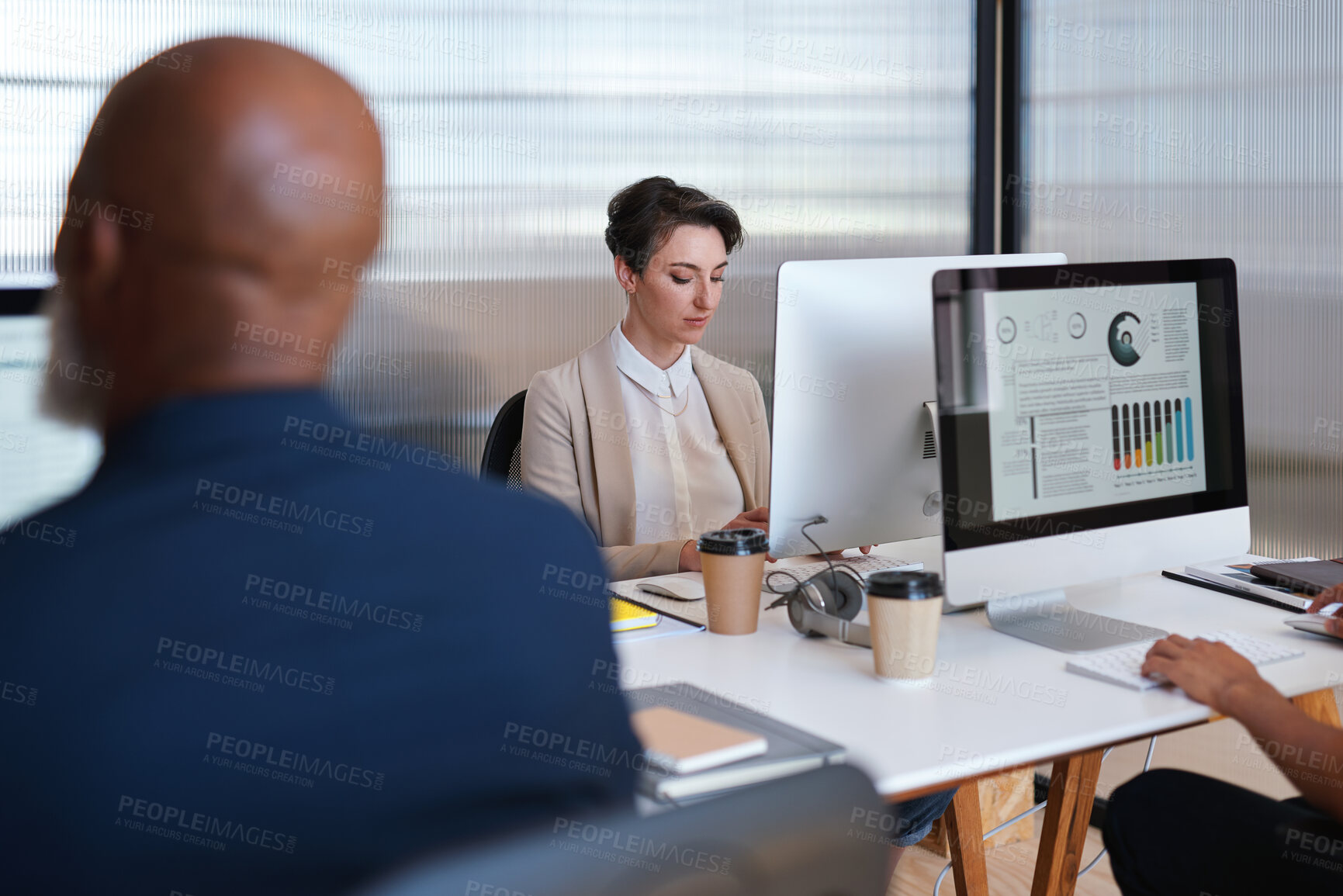 Buy stock photo Computer screen, data and finance with business people in office for investment portfolio. Charts, display and statistics with employee team in financial workplace for assessment or risk management