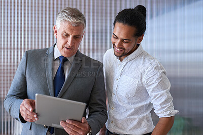 Buy stock photo Talking, business and manager with man on tablet for investment update, proposal or financial review. Office, discussion and people on tech for online report for finance, budget planning or feedback