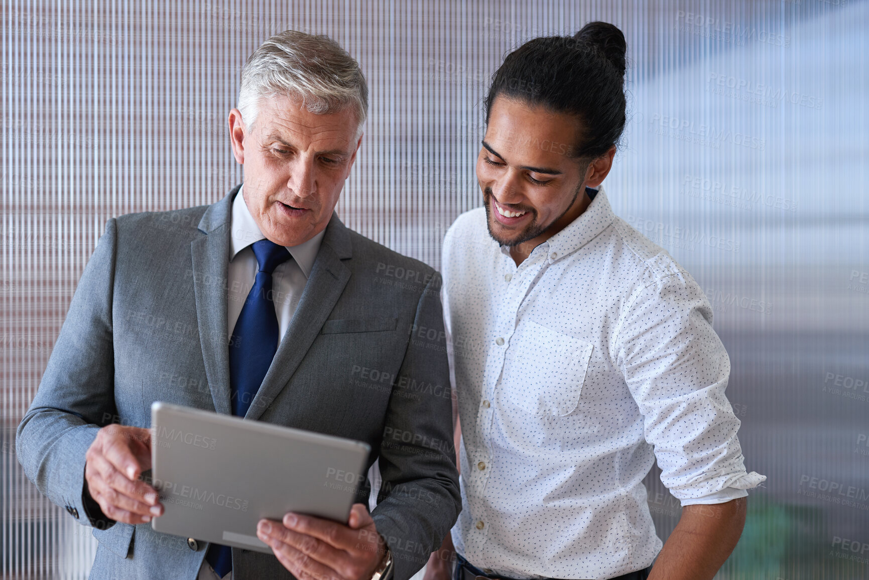 Buy stock photo Talking, business and manager with man on tablet for investment update, proposal or financial review. Office, discussion and people on tech for online report for finance, budget planning or feedback