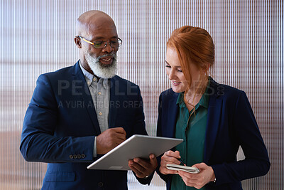 Buy stock photo Tablet, discussion and business people in office with planning for finance report with budget. Happy, digital technology and financial advisor with manager for review on investment portfolio.
