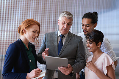 Buy stock photo Meeting, manager and business people on tablet in office for proposal, investment plan and feedback. Corporate, teamwork and workers on digital tech for financial report, budget review and discussion
