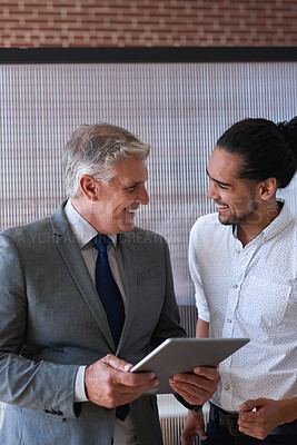 Buy stock photo Laugh, business and manager with man on tablet for investment update, proposal or financial review. Office, discussion and people on tech for online report for finance, budget planning and feedback
