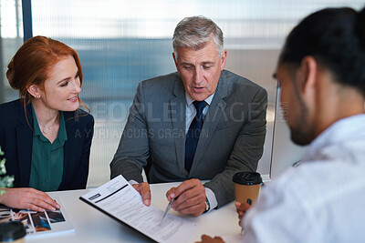 Buy stock photo Recruitment, meeting or business people in office with contract, explain terms and conditions for work. HR management, job candidate and paperwork for hiring offer, onboarding process and discussion.