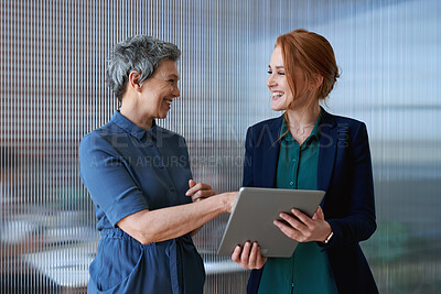 Buy stock photo Tablet, discussion and business women in office with planning for finance report with budget. Happy, digital technology and female financial advisor with manager for review on investment portfolio.