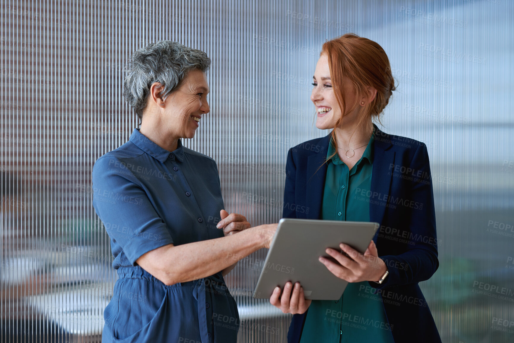Buy stock photo Tablet, discussion and business women in office with planning for finance report with budget. Happy, digital technology and female financial advisor with manager for review on investment portfolio.