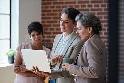 Buy stock photo Meeting, office and business women on laptop for project update, proposal and financial review. Teamwork, discussion and people on computer for online report for finance, budget planning and feedback