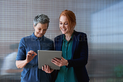 Buy stock photo Tablet, conversation and business women in office with planning for finance report with budget. Happy, digital technology and female financial advisor with manager for review on investment portfolio.