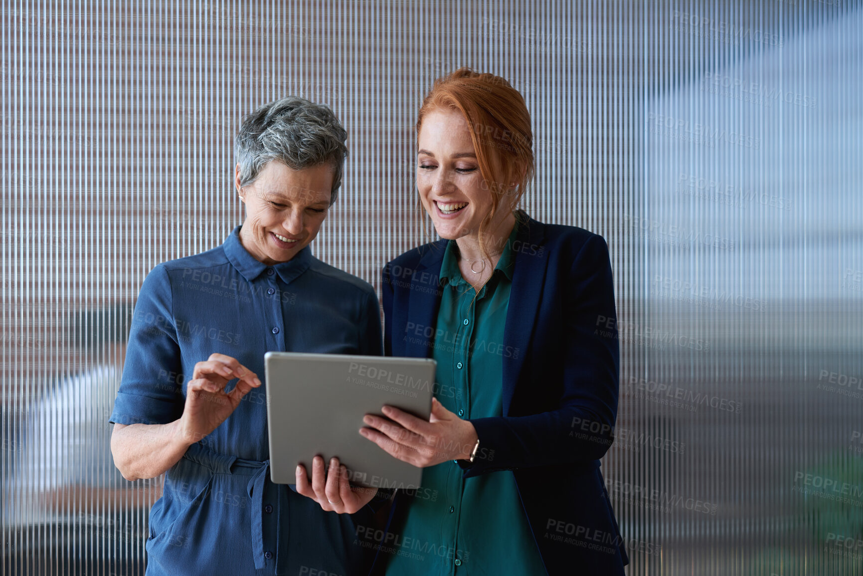 Buy stock photo Tablet, conversation and business women in office with planning for finance report with budget. Happy, digital technology and female financial advisor with manager for review on investment portfolio.