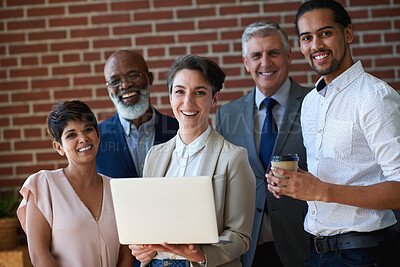 Buy stock photo Portrait, office and business people by laptop for project collaboration, proposal and financial review. Teamwork, leadership and group on computer for online report for finance, budget and diversity