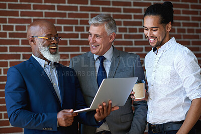 Buy stock photo Meeting, office and business men on laptop for investment update, proposal and financial review. Corporate, discussion and people on tech for online report for finance, budget planning and feedback