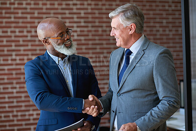 Buy stock photo Office, shaking hands or business men with welcome, introduction or real estate agreement. Mature people, handshake or greeting in workplace for deal, smile or partnership for property investment