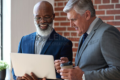 Buy stock photo Business, laptop or team in office with review, budget evaluation or feedback on investment. Discussion, mature men or finance advisor with coffee, forecast plan or partner insight on revenue report.