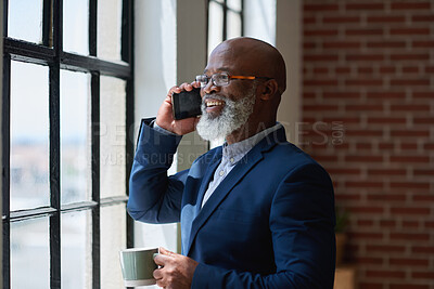 Buy stock photo Business, phone call or black man in office with coffee, deal close or good news in online chat. Happy, cup or mature property agent with tech, listing approval or feedback on investment proposal.