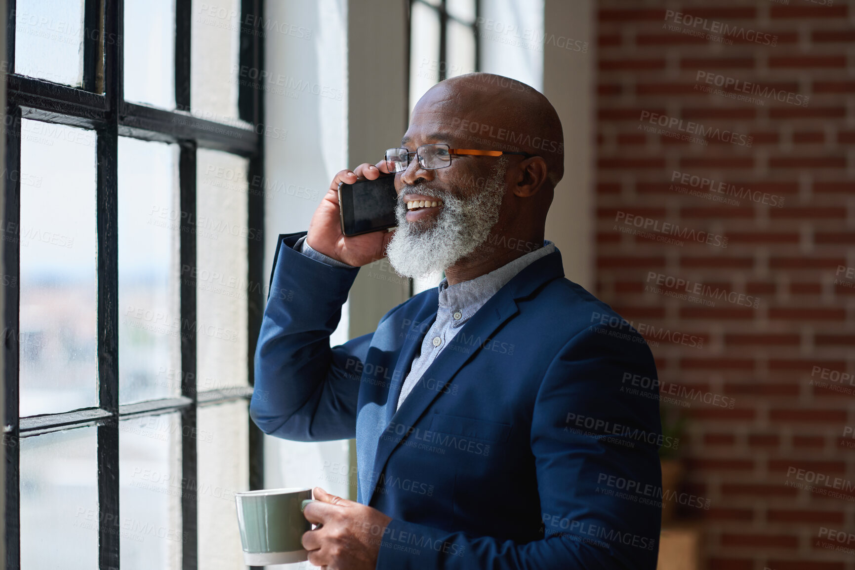 Buy stock photo Business, phone call or black man in office with coffee, deal close or good news in online chat. Happy, cup or mature property agent with tech, listing approval or feedback on investment proposal.