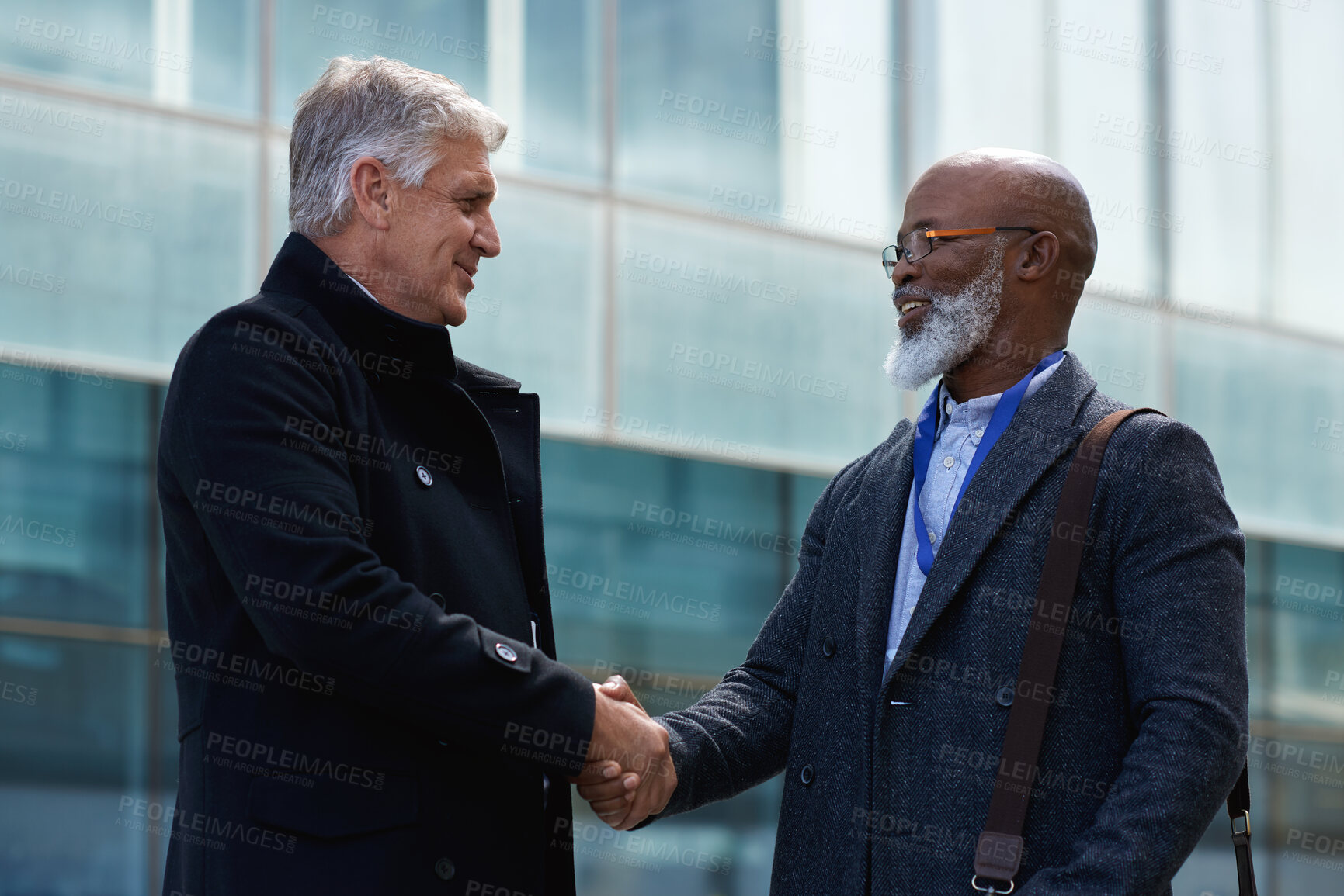 Buy stock photo City, shaking hands or business men with welcome, financial collaboration or real estate agreement. Mature people, handshake or greeting outdoor for deal, smile or partnership for property investment