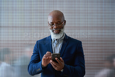 Buy stock photo Business, smile or black man in office with phone, deal close or positive feedback in email. Space, happy or mature property agent with tech, listing approval or good news in investment chat.