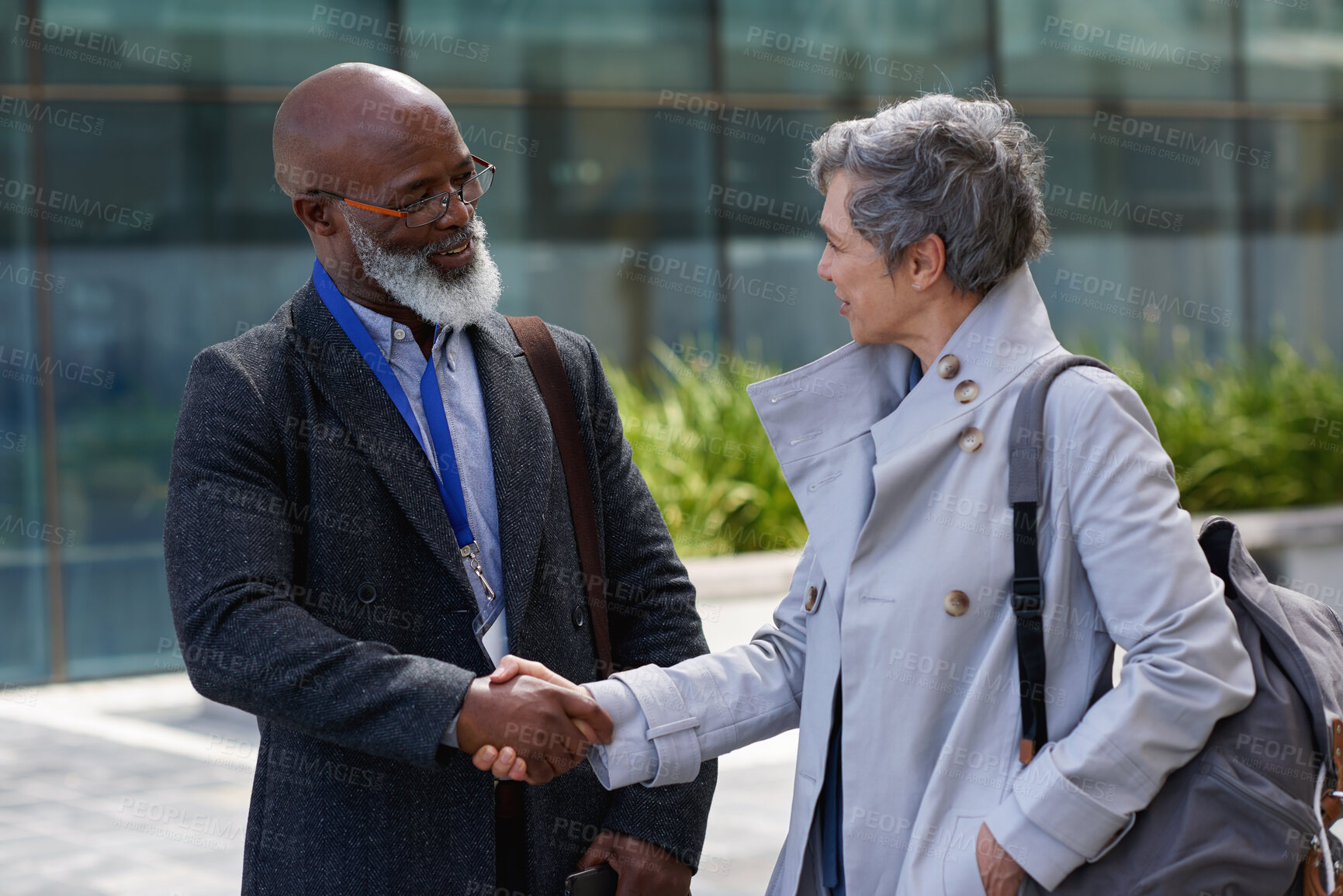 Buy stock photo City, shaking hands or business people with welcome, financial opportunity or real estate agreement. Mature team, handshake or greeting outdoor for deal, smile or partnership for property investment