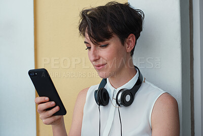 Buy stock photo Office, phone and business woman with app for music, subscription service or browsing internet. Mobile, employee and person in company with audio, podcast or reading text on social media for chat