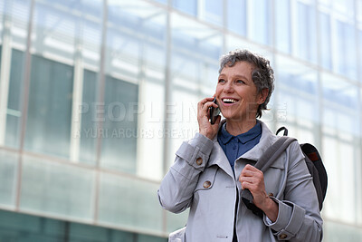Buy stock photo Mature, phone call and business woman in city for work commute, communication and travel with smile. Professional person, cellphone and walking or talking to contact for feedback, network or outdoor