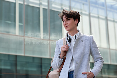 Buy stock photo Think, woman and travel to work in city, vision or reflection with backpack for professional commute. Business person, ideas or planning with trip, journey and space in town with career mindset