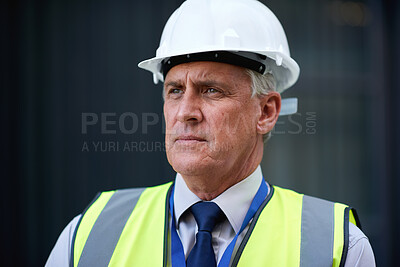 Buy stock photo Man, construction and engineer in city for thinking, inspection and project management outdoor. Mature, contractor person and helmet for supervisor, safety and development at site for real estate