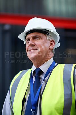 Buy stock photo Man, thinking and construction with smile in city, foreman or supervisor with architecture mindset outdoor. Mature, contractor and happy with helmet, building maintenance ideas or renovation solution