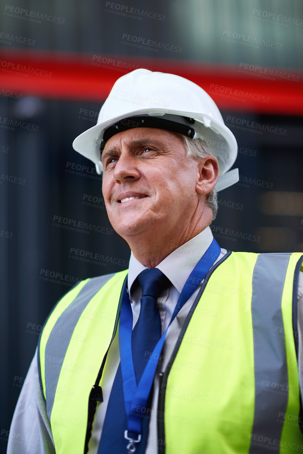 Buy stock photo Man, thinking and construction with smile in city, foreman or supervisor with architecture mindset outdoor. Mature, contractor and happy with helmet, building maintenance ideas or renovation solution