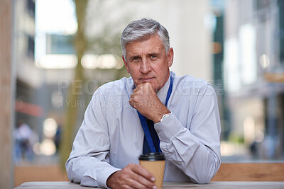 Buy stock photo Coffee, portrait and thinking with businessman in city for break as building or property developer. Drink, ideas and real estate with mature person outdoor at cafe or restaurant for development