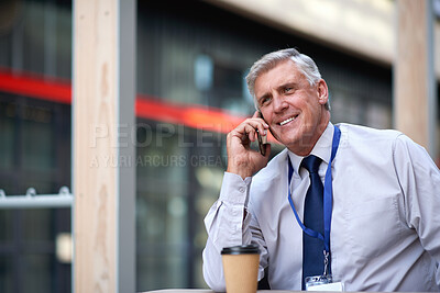 Buy stock photo Business, phone call or man in city with smile, deal close or good news in online chat. Happy, space or mature property agent in town with tech, listing approval or feedback on investment opportunity