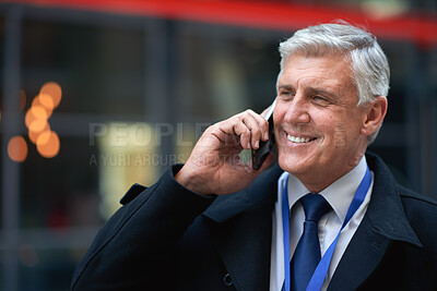 Buy stock photo Contact, smile or businessman with phone call in city, settlement negotiation or legal advice for case. Connection, mobile or mature lawyer with extension request for hearing, networking or town