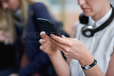 Buy stock photo Hands, phone and business woman on bus with travel, search or waiting for stop on public transport. Networking, morning and journey with social media, work employee and online browse on metro