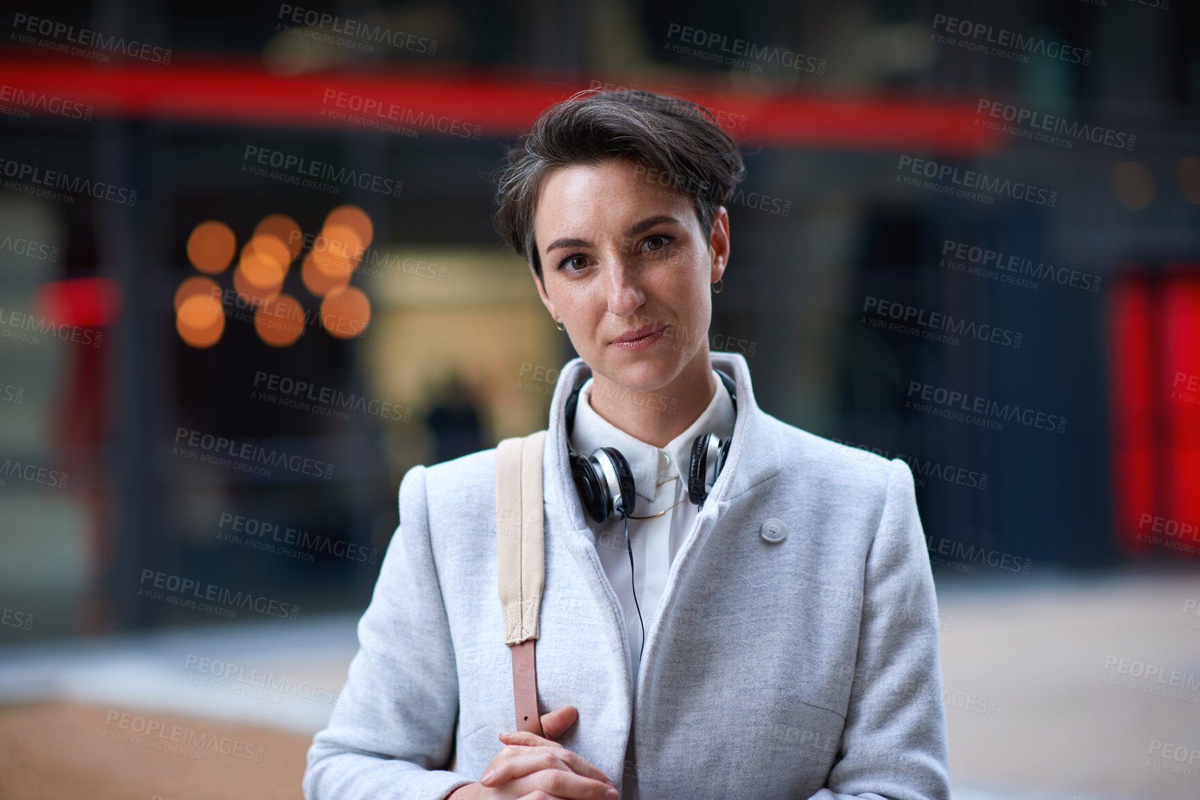 Buy stock photo Woman, portrait and travel for work in city, professional commute and bokeh with mission for growth. Business person, trip or job opportunity with commuter in town, confident and space with career