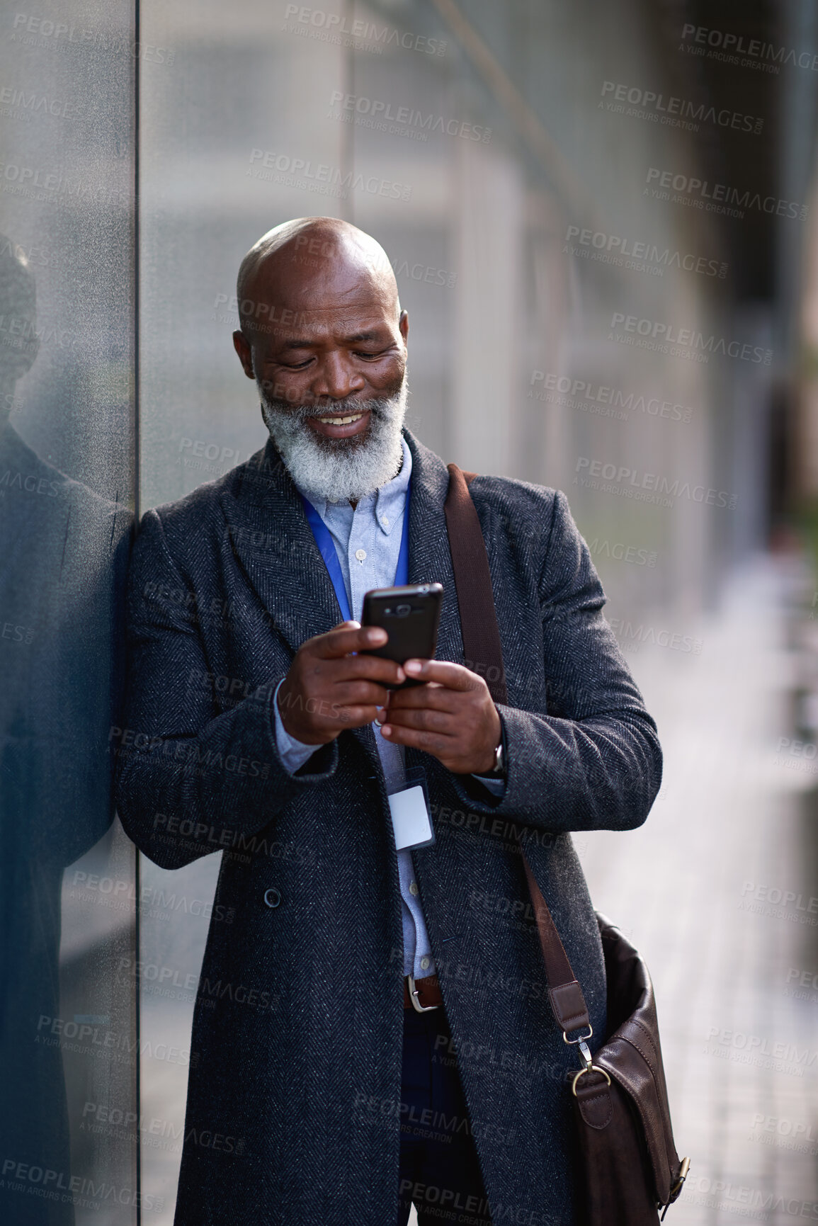 Buy stock photo Happy, business or black man in city with phone, deal close or good news in morning commute. Smile, text or mature property agent with tech, listing approval or investment opportunity at start of day