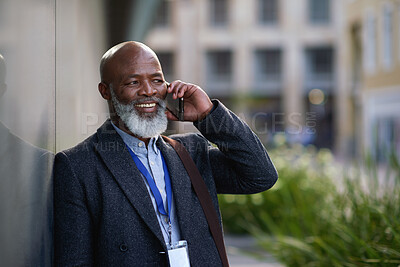 Buy stock photo Mature, phone call and business man outdoor for work commute, communication and travel with smile. Professional person, cellphone and happy or talking to contact for feedback, network or city