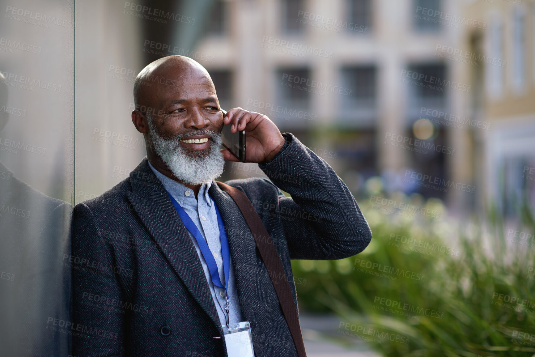 Buy stock photo Mature, phone call and business man outdoor for work commute, communication and travel with smile. Professional person, cellphone and happy or talking to contact for feedback, network or city