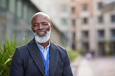 Buy stock photo Black man, portrait and real estate with business in city, property management and smile for development outdoor. Mature, realtor and career growth for happiness, space and corporate professional