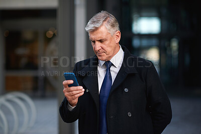 Buy stock photo Businessman, commute and browsing in city with phone, legal aid website and update for court case. Space, mature person and attorney travel in urban town with tech, text message and lawsuit feedback.