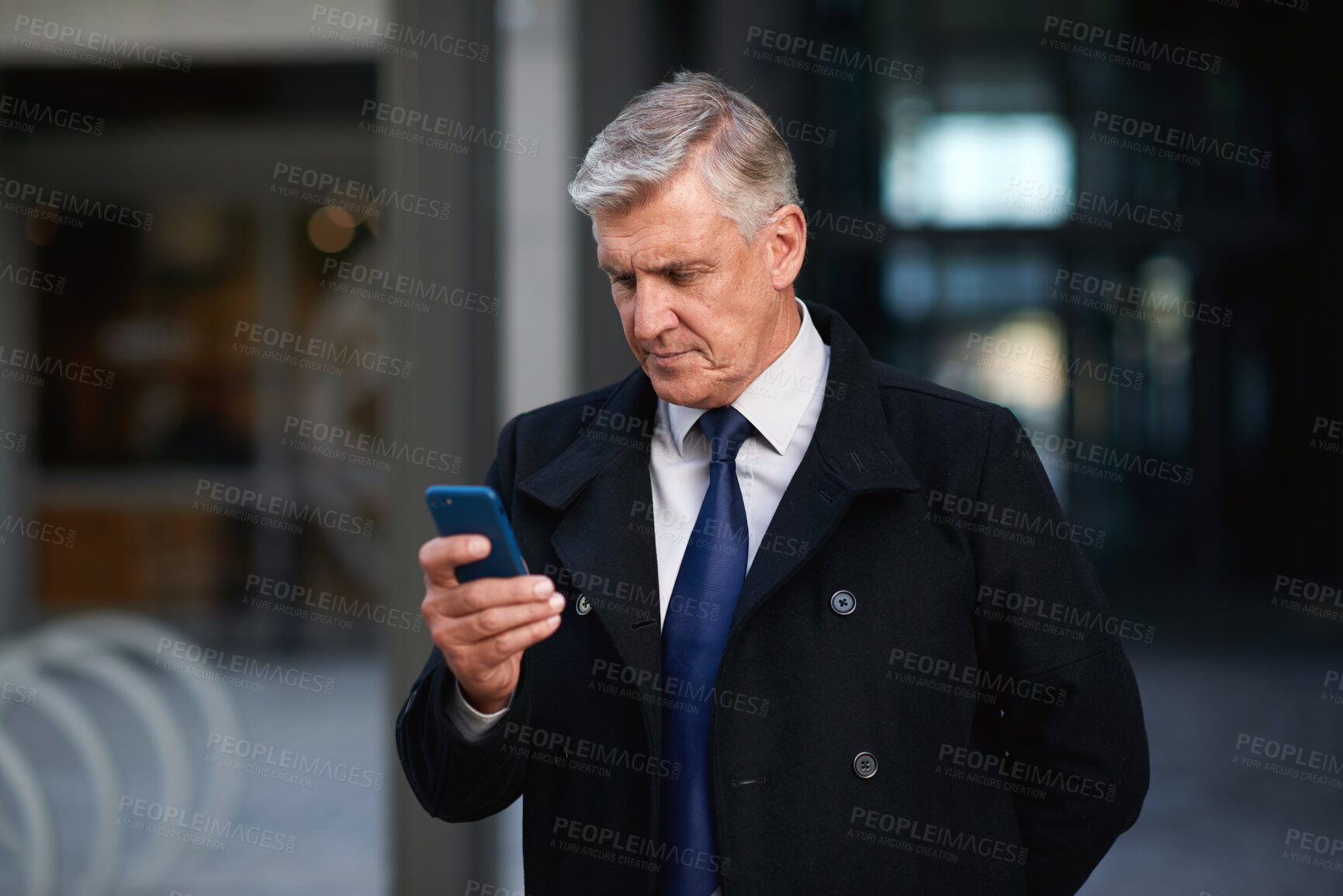 Buy stock photo Businessman, commute and browsing in city with phone, legal aid website and update for court case. Space, mature person and attorney travel in urban town with tech, text message and lawsuit feedback.