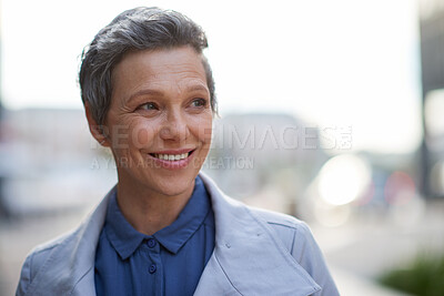 Buy stock photo Happy woman, thinking and real estate with business in city,  property management and growth mindset. Mature, realtor and career development with ideas, space or solution with corporate professional