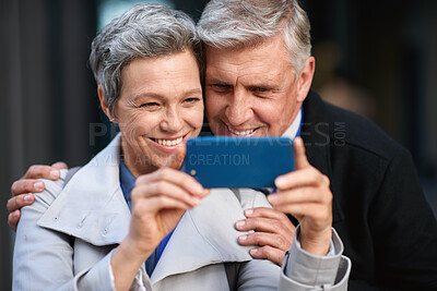 Buy stock photo Mature, selfie and happy couple together for social media post, profile picture or memory with smile. Man, woman and photograph for relationship, connection or bonding with love, care and hug