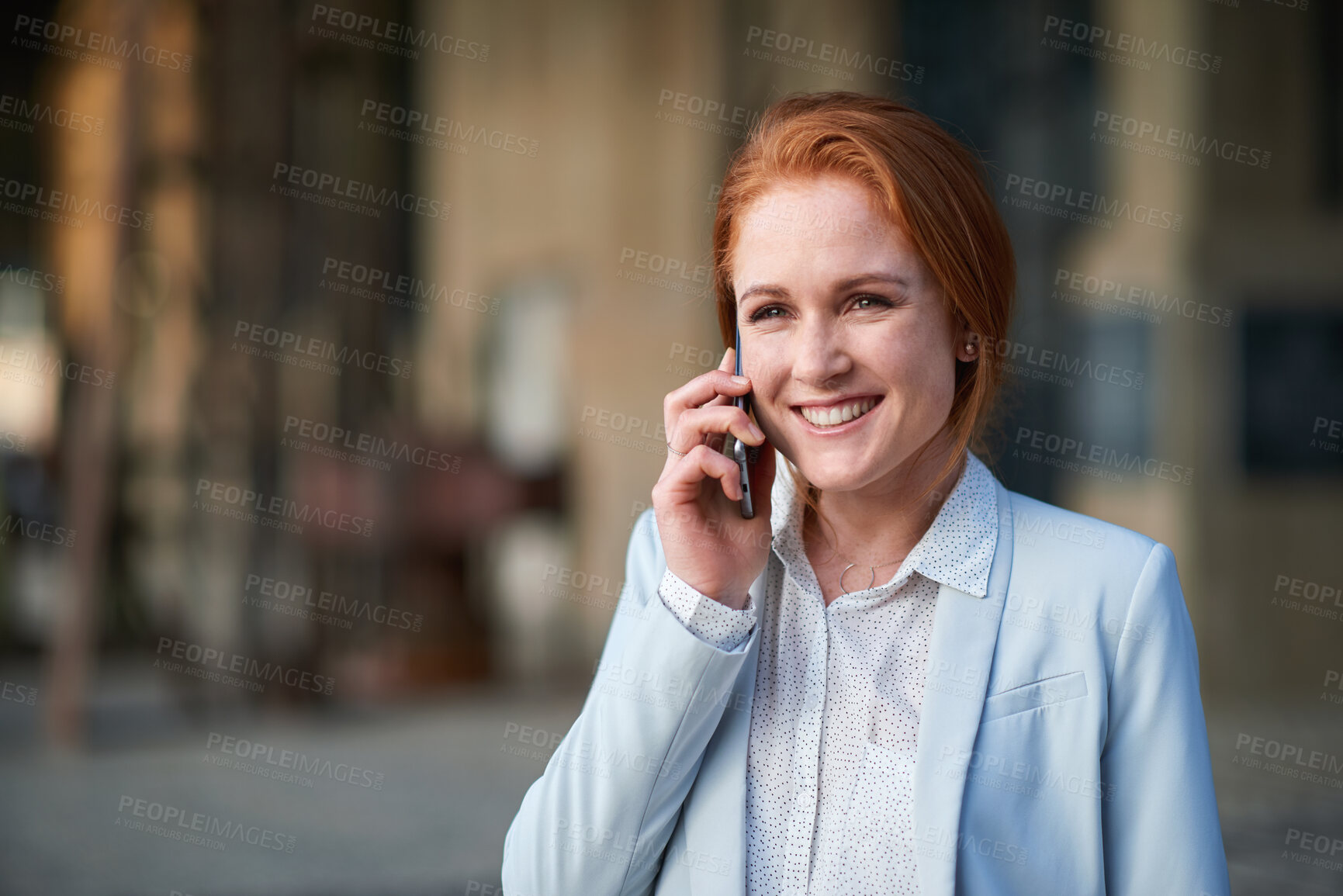 Buy stock photo Smile, business and woman with phone call in city, settlement negotiation and legal advice for case. Connection, mobile or lawyer with extension request for hearing, space or trial scheduling in town