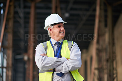 Buy stock photo Man, thinking and construction with arms crossed in city, foreman or supervisor with architecture mindset outdoor. Mature, contractor and happy with building maintenance ideas or renovation solution