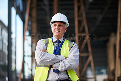 Buy stock photo Happy man, thinking and construction with arms crossed in city, foreman and outdoor with architecture mindset. Mature, contractor and helmet with building maintenance ideas, renovation and solution