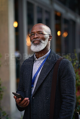 Buy stock photo Black man, business and thinking in town with phone for navigation, travel or vision for corporate conference. Mature person, work trip or convention with mobile app, online map or reflection in city
